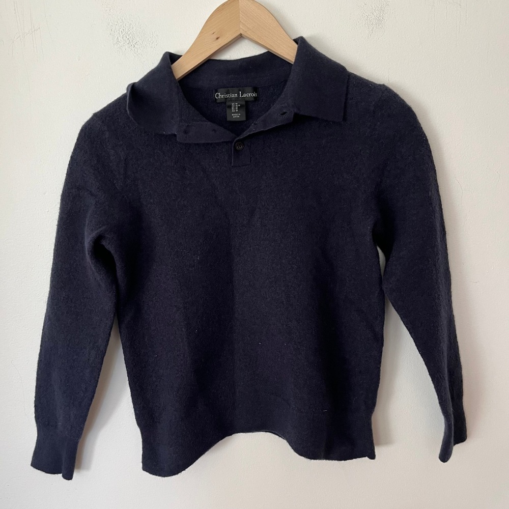 Christian Lacroix Navy Blue 100% Extra Fine Merino Wool Polo Sweater Womens M